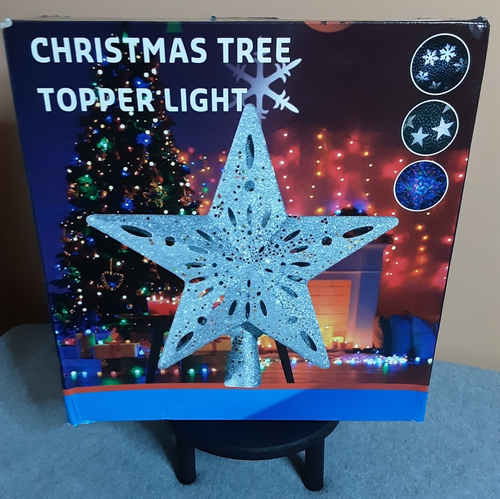 NEW Silver Glitter Star Christmas Tree Topper w/LED rotating pattern lights